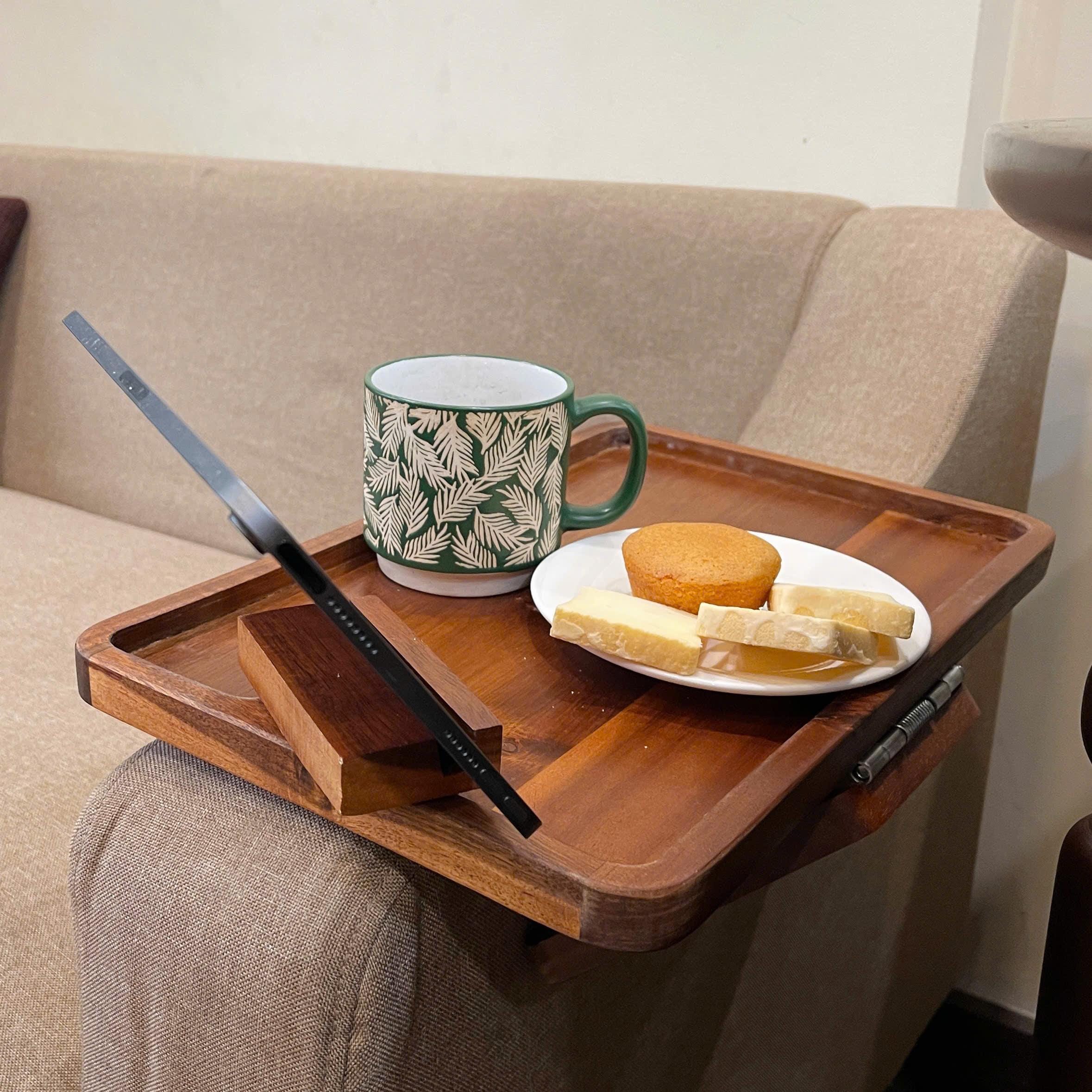 Personalized Acacia Wood Sofa Tray with Rotating Phone Holder – Couch Arm Table
