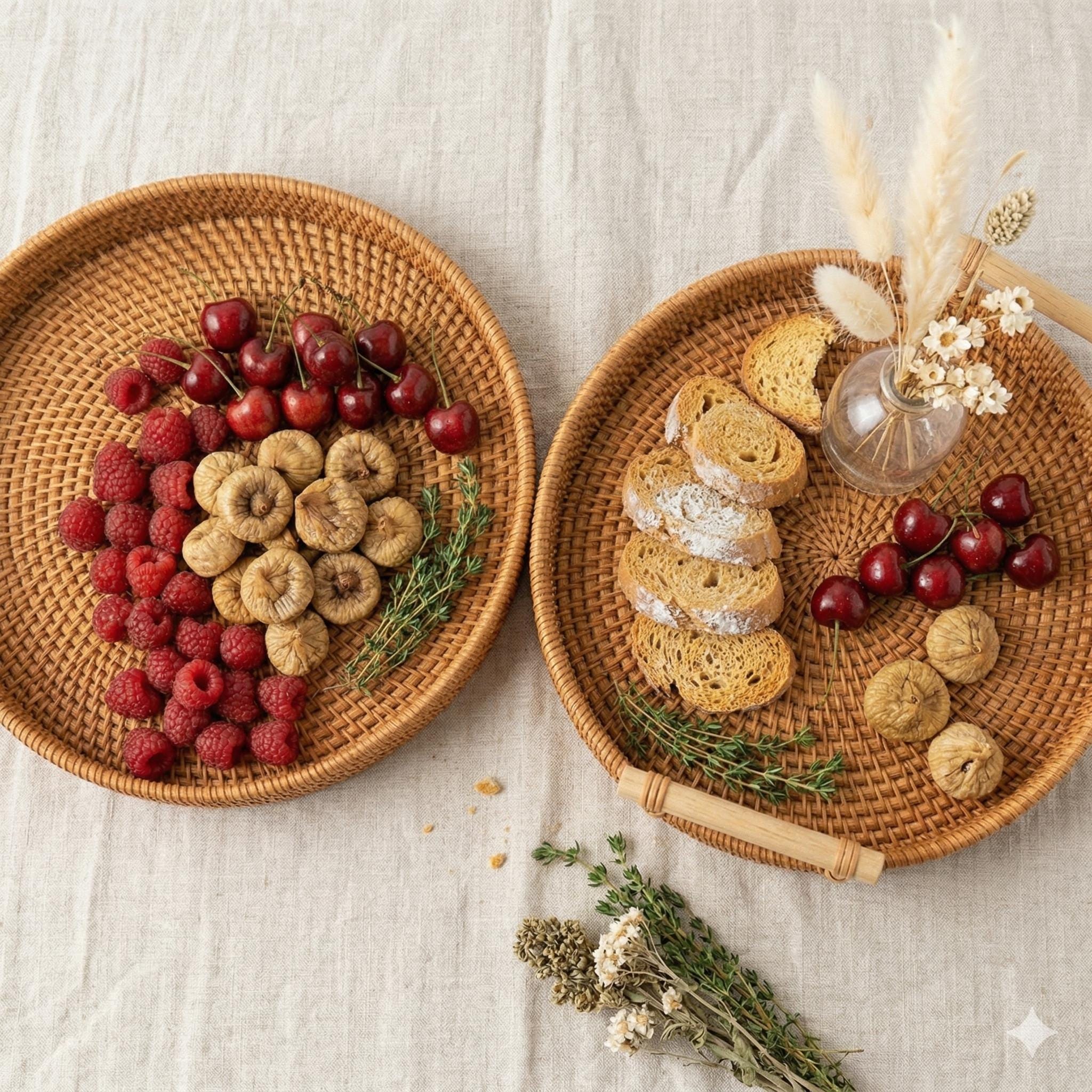 Round Rattan Tray with Wooden Handles, Handwoven Boho Serving Basket