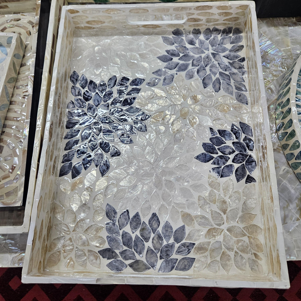 Handcrafted Mother of Pearl Rectangular Serving Tray – Iridescent Mosaic Coffee Table Decor