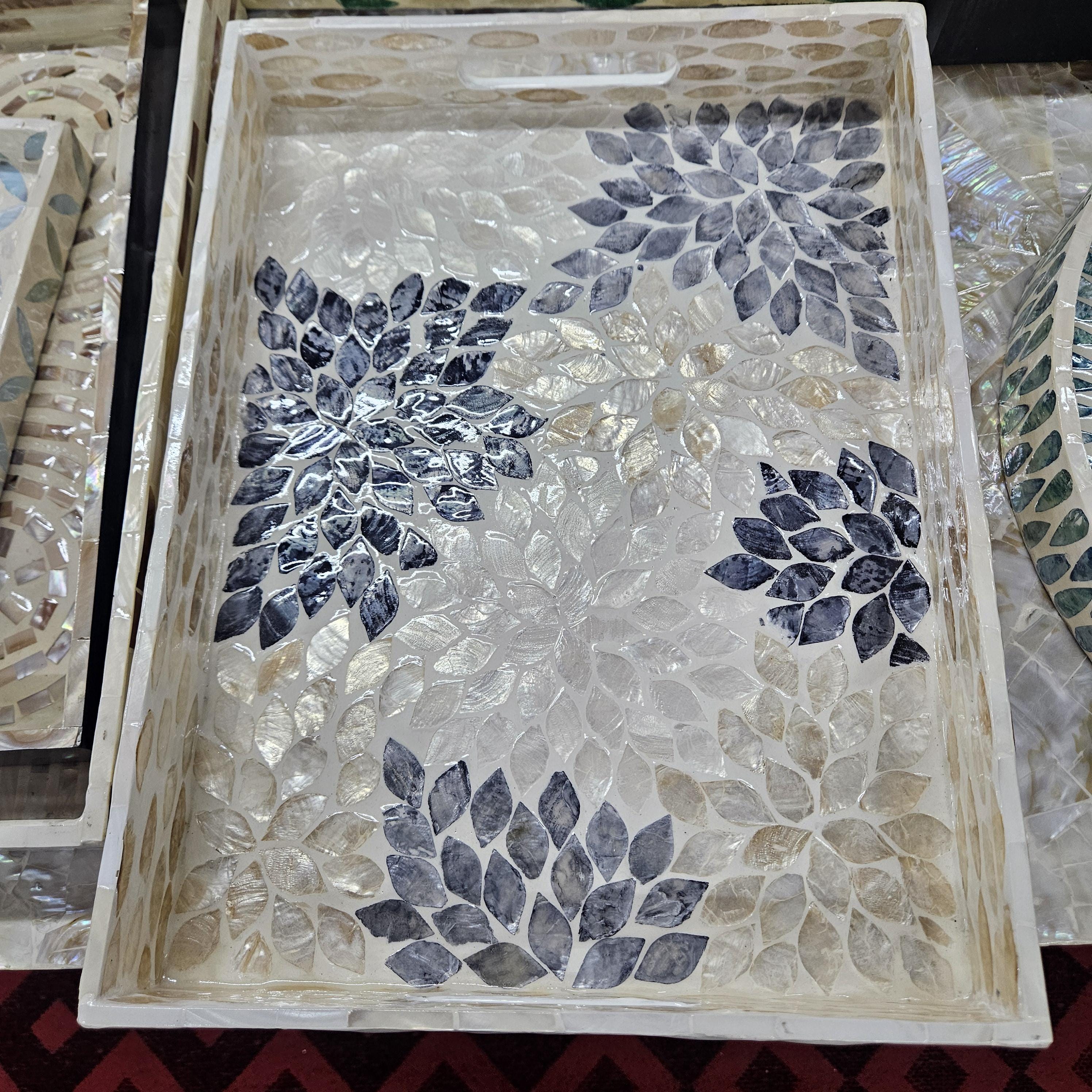 Handcrafted Mother of Pearl Rectangular Serving Tray – Iridescent Mosaic Coffee Table Decor