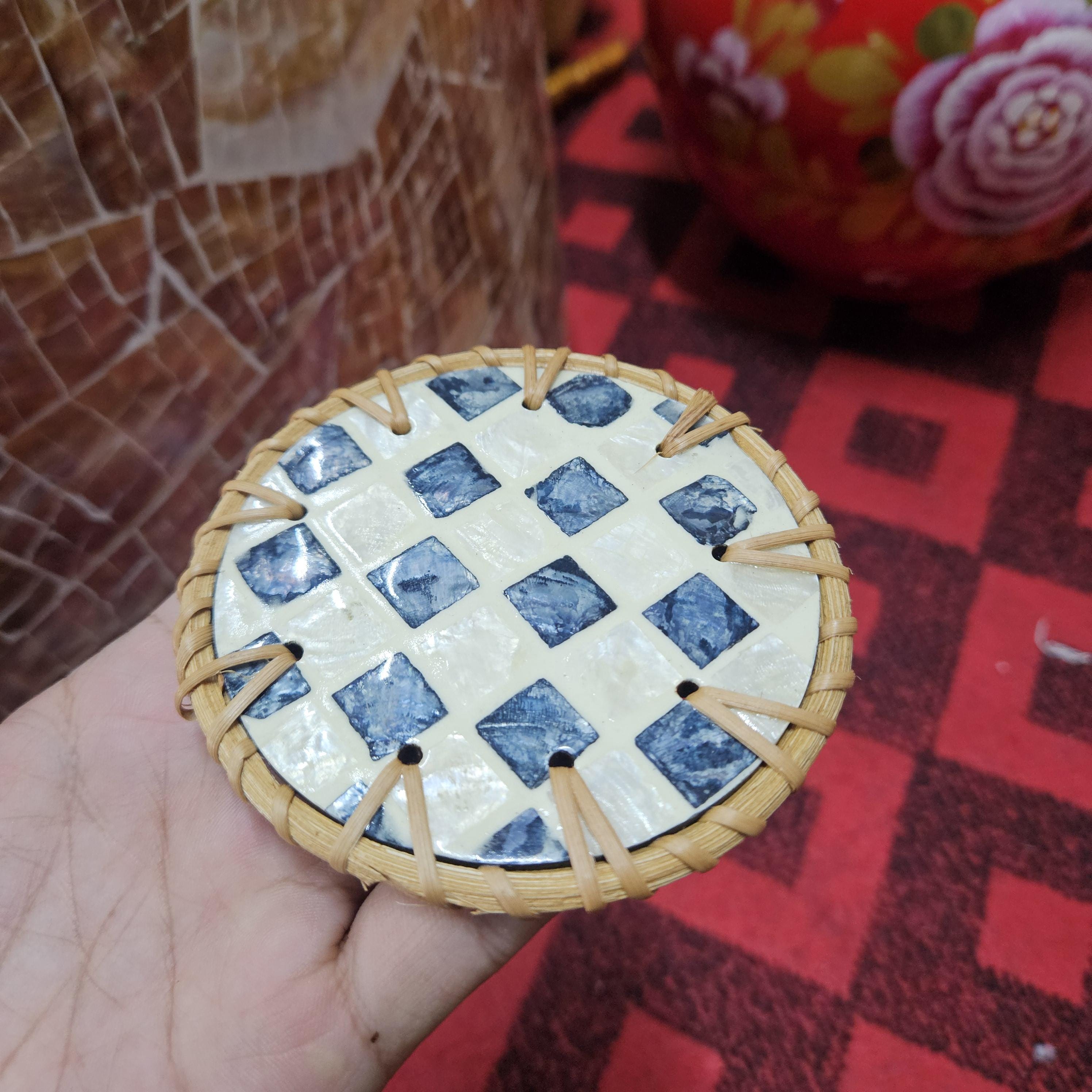 Rattan Drink Coasters Set – Mother of Pearl Inlay, Boho Home Decor