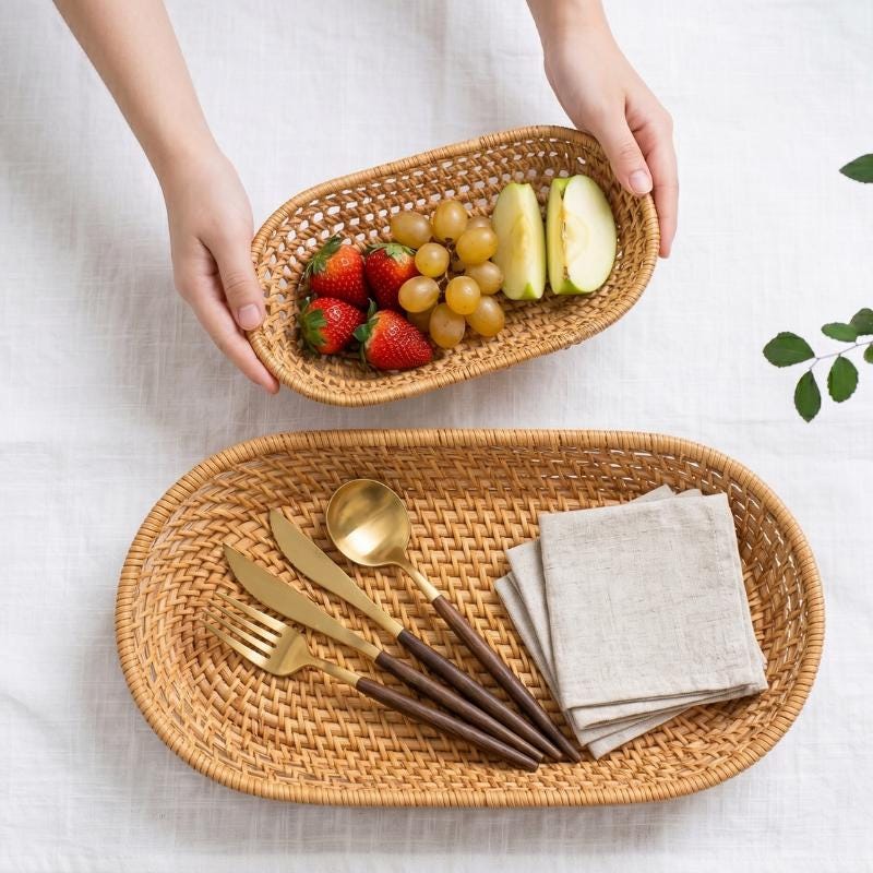 Oval Rattan Tray Set, Handwoven Lattice Bread Basket, Boho Cutlery Holder, Farmhouse Kitchen Organizer