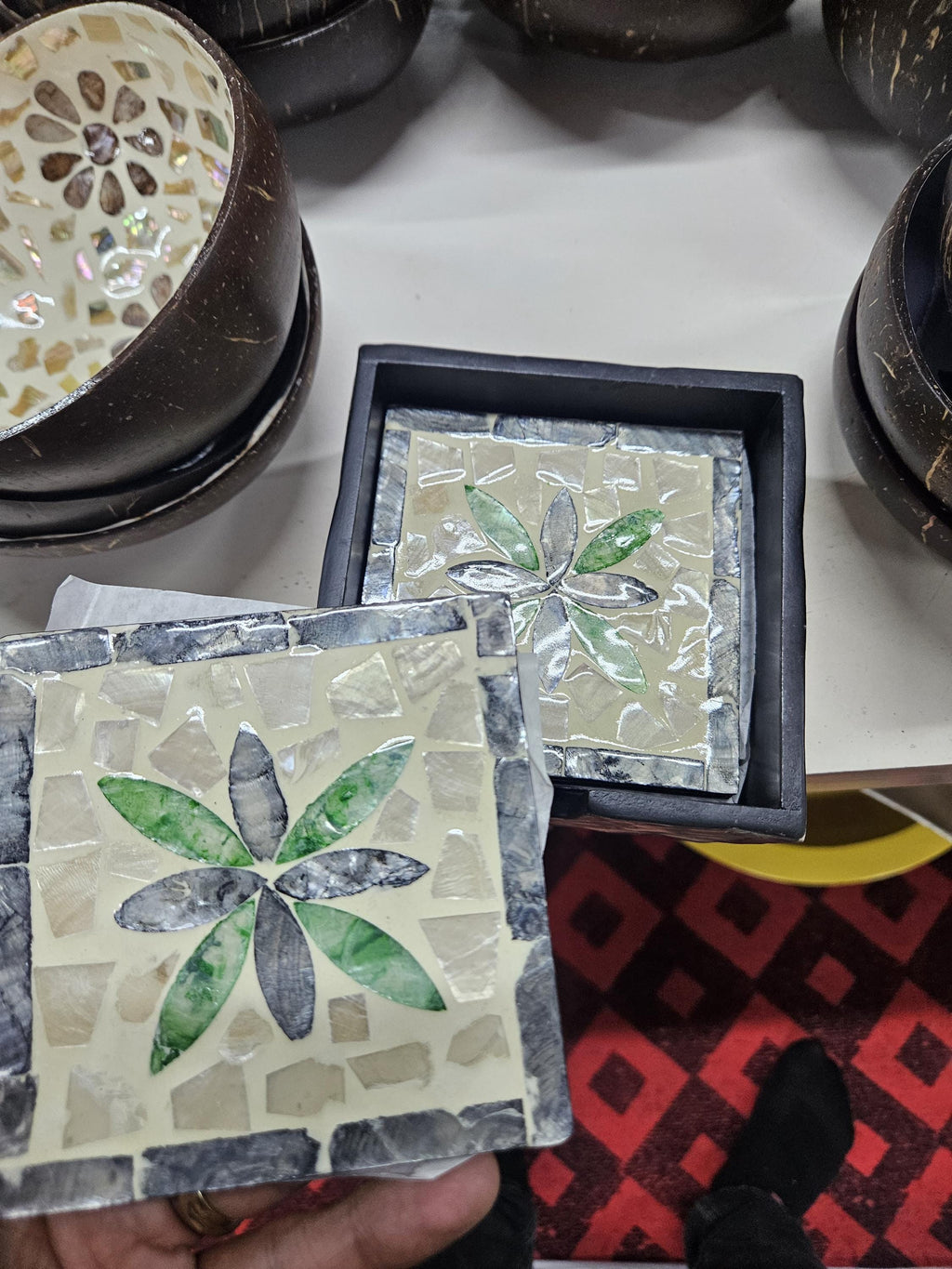 Rattan Drink Coasters Set – Mother of Pearl Inlay, Boho Home Decor