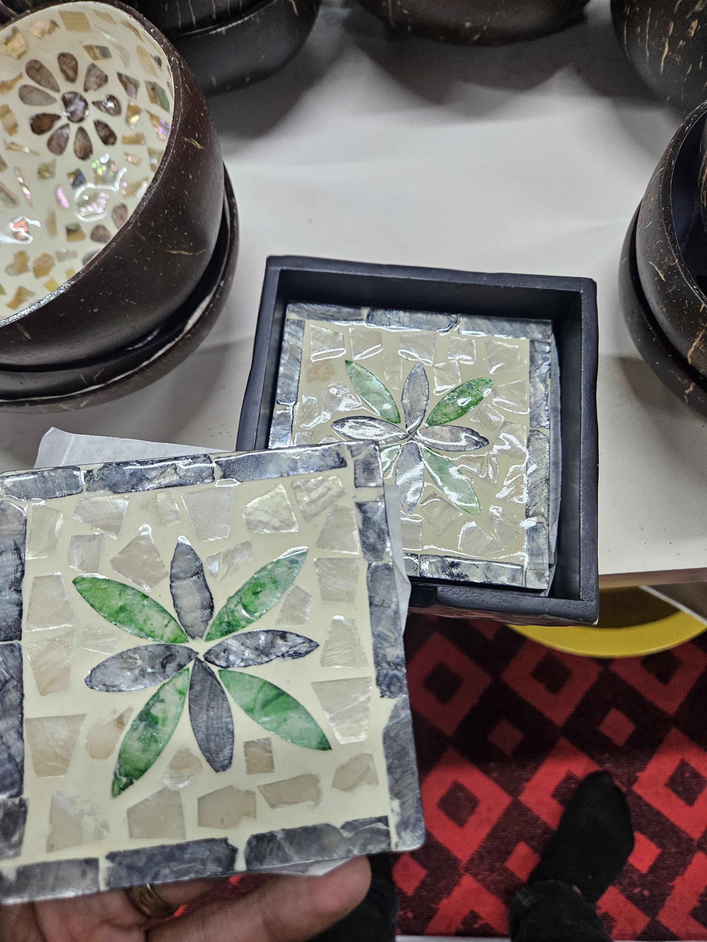Rattan Drink Coasters Set – Mother of Pearl Inlay, Boho Home Decor