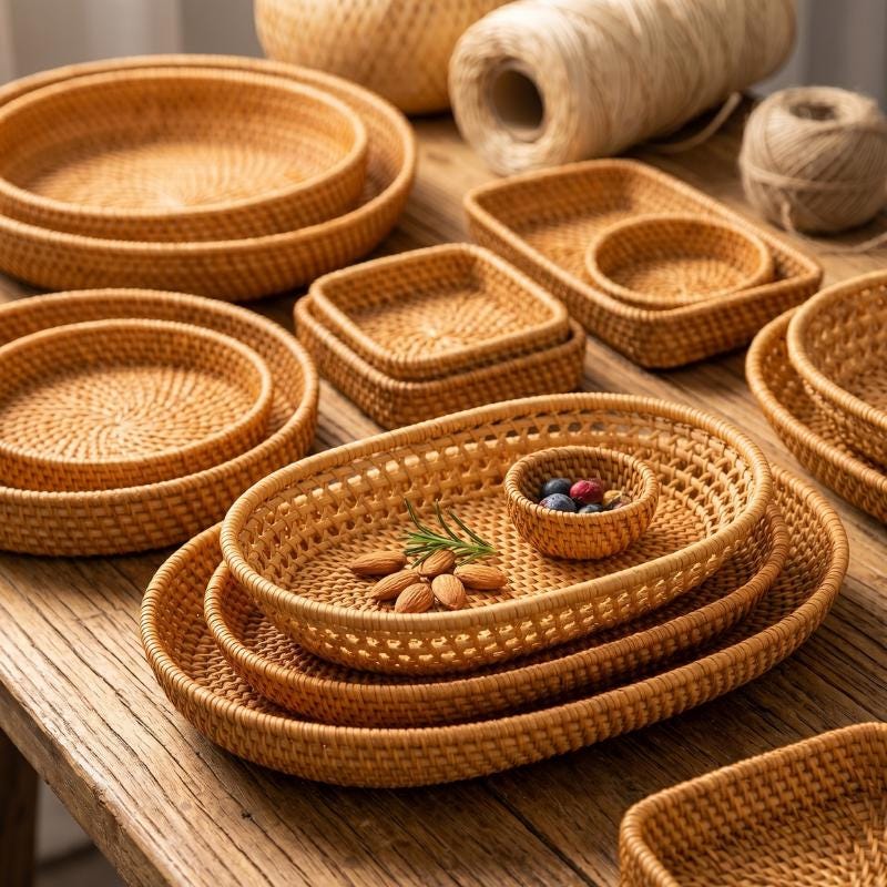 Oval Rattan Tray Set, Handwoven Lattice Bread Basket, Boho Cutlery Holder, Farmhouse Kitchen Organizer