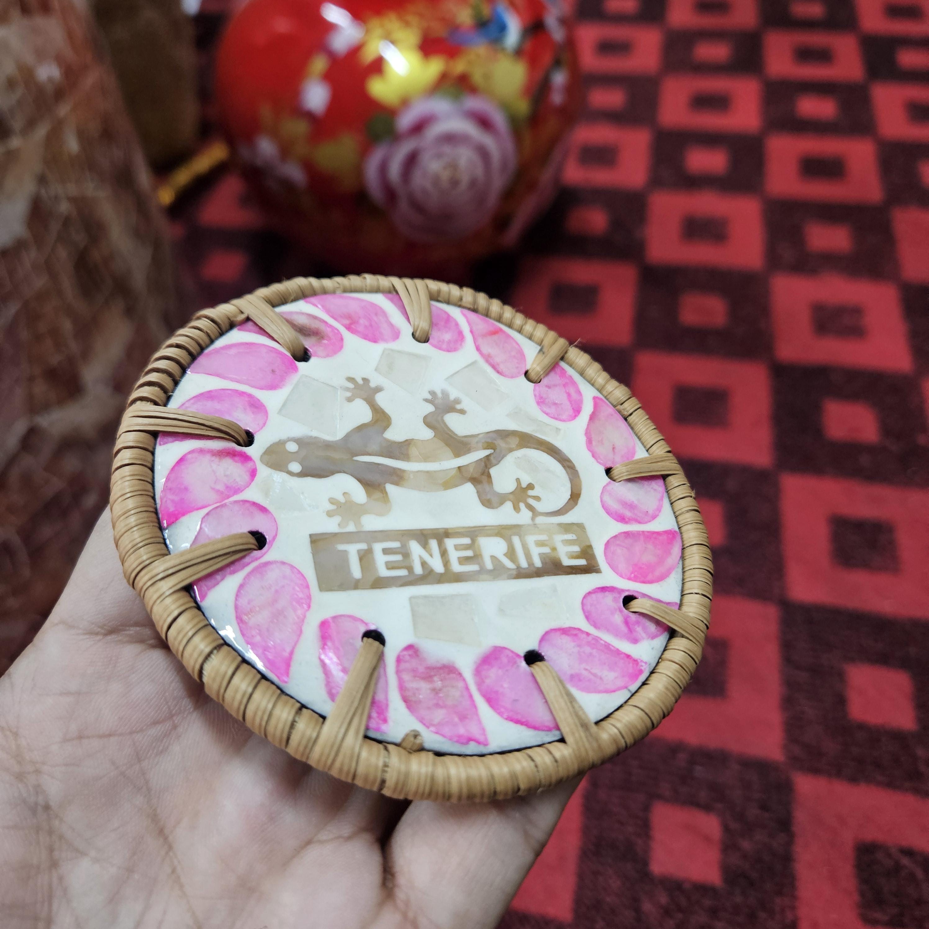 Rattan Drink Coasters Set – Mother of Pearl Inlay, Boho Home Decor