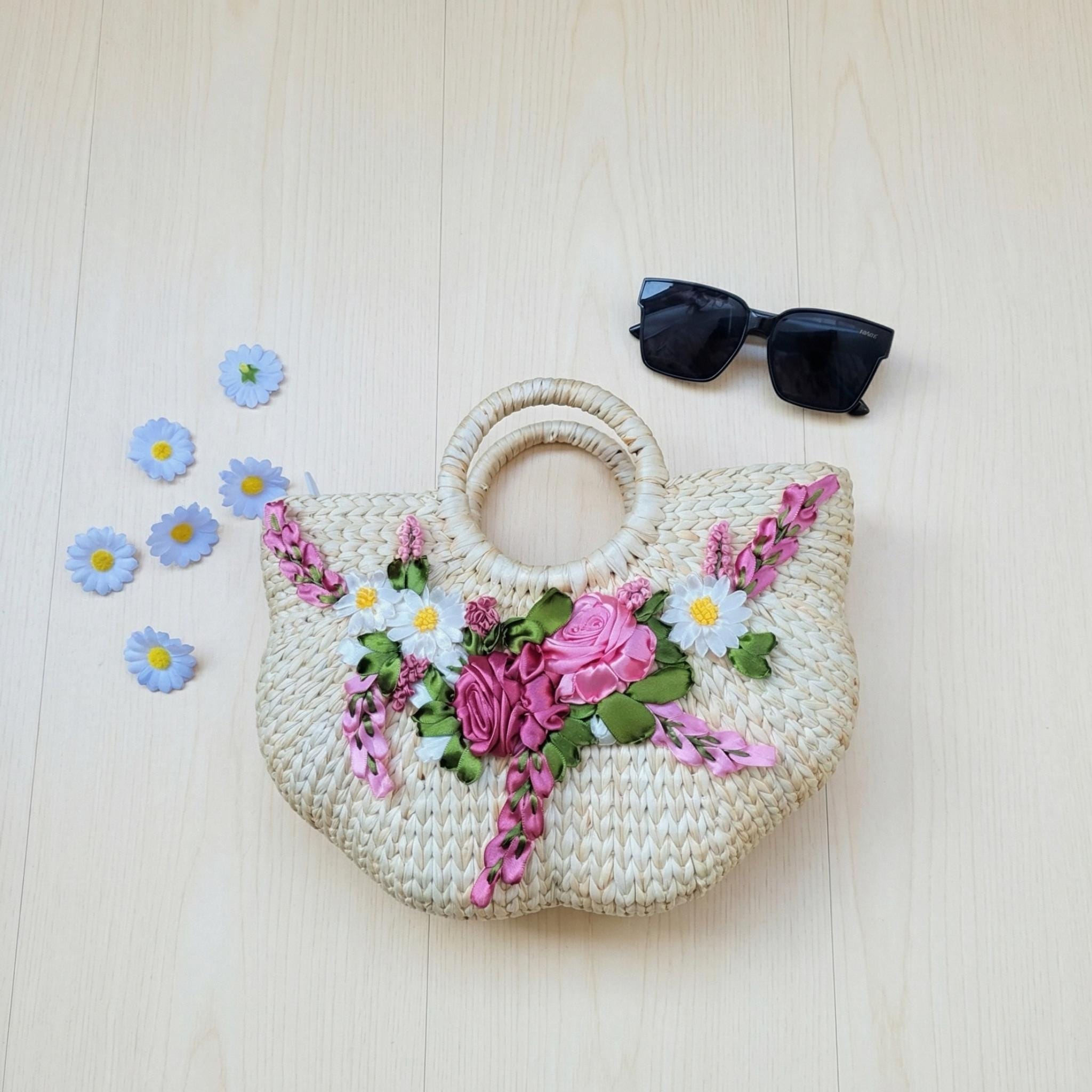 Handmade Water Hyacinth Tote Bag, Woven Summer Beach Purse, Floral Accent Bag