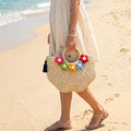 Handmade Water Hyacinth Tote Bag, Woven Summer Beach Purse, Floral Accent Bag