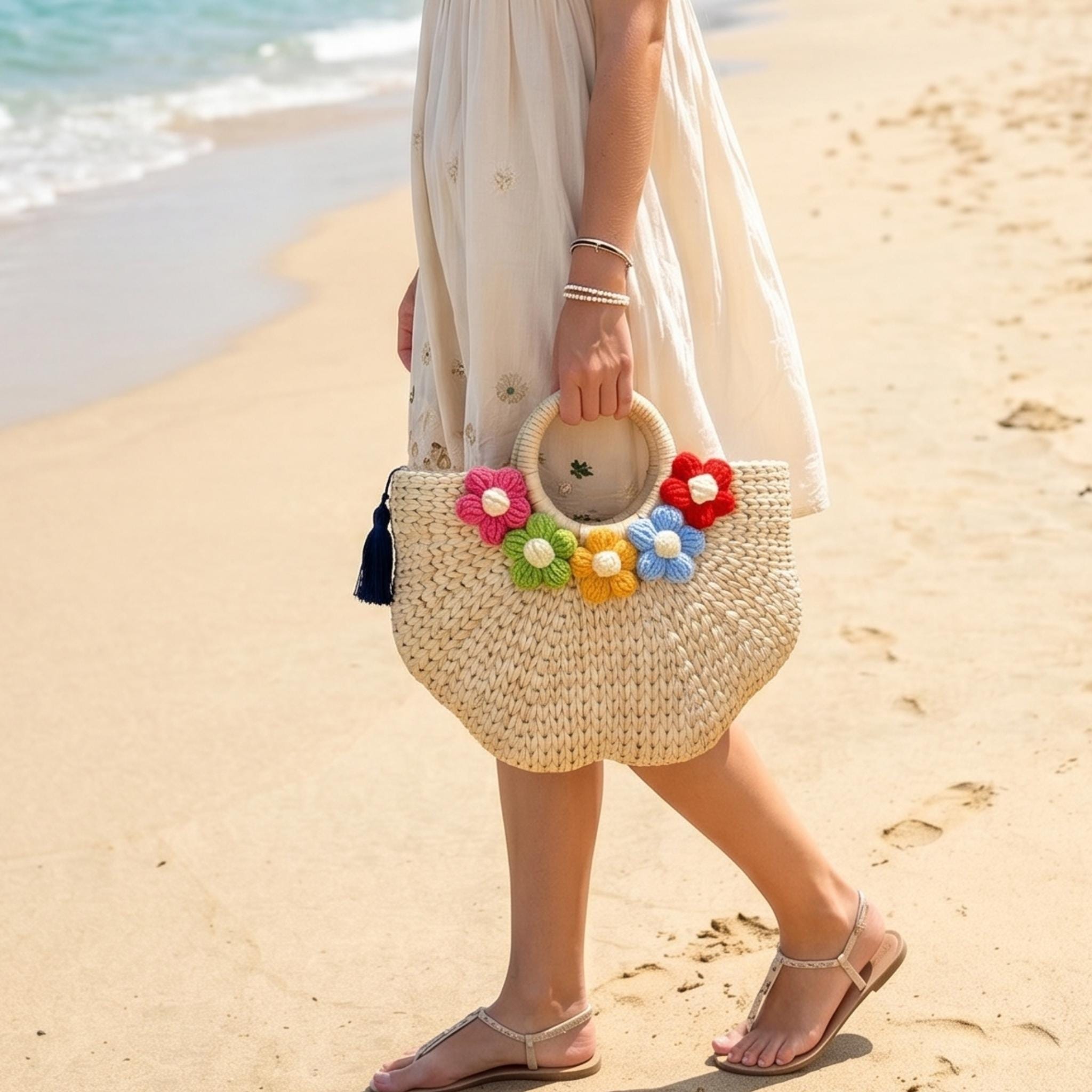 Handmade Water Hyacinth Tote Bag, Woven Summer Beach Purse, Floral Accent Bag