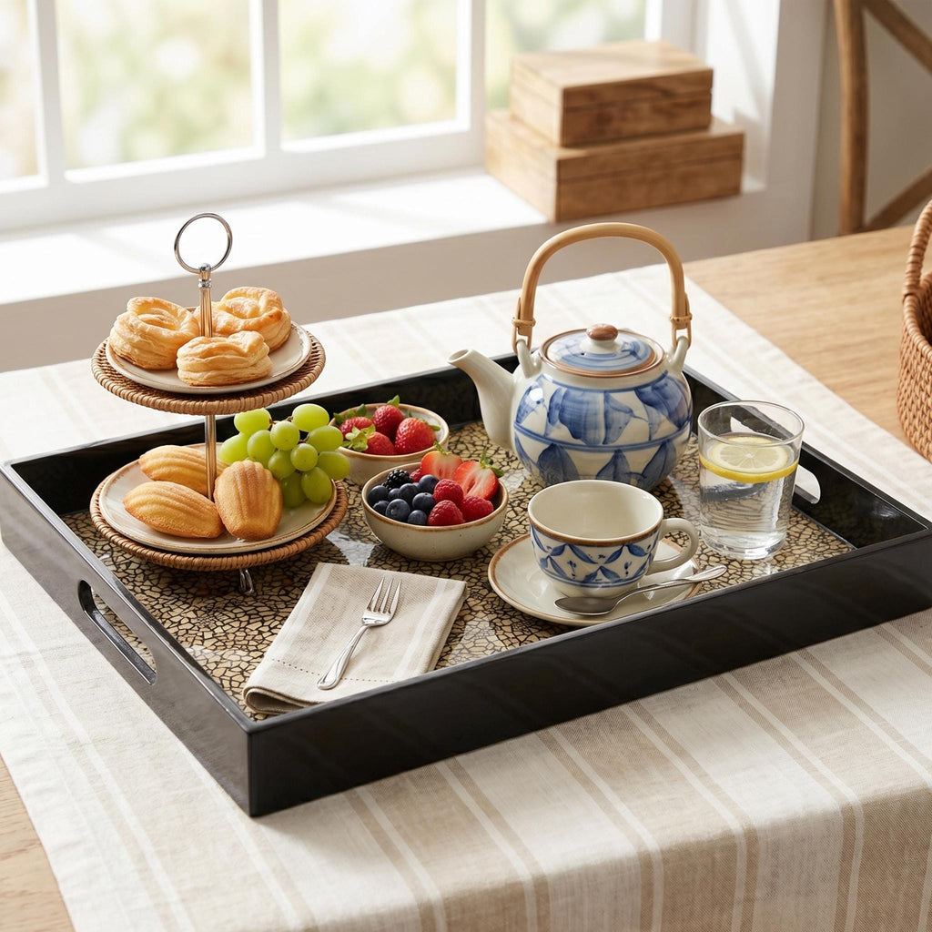 Handmade Mother of Pearl Mosaic Serving Tray with Handles, Decorative Coffee Table Ottoman Decor