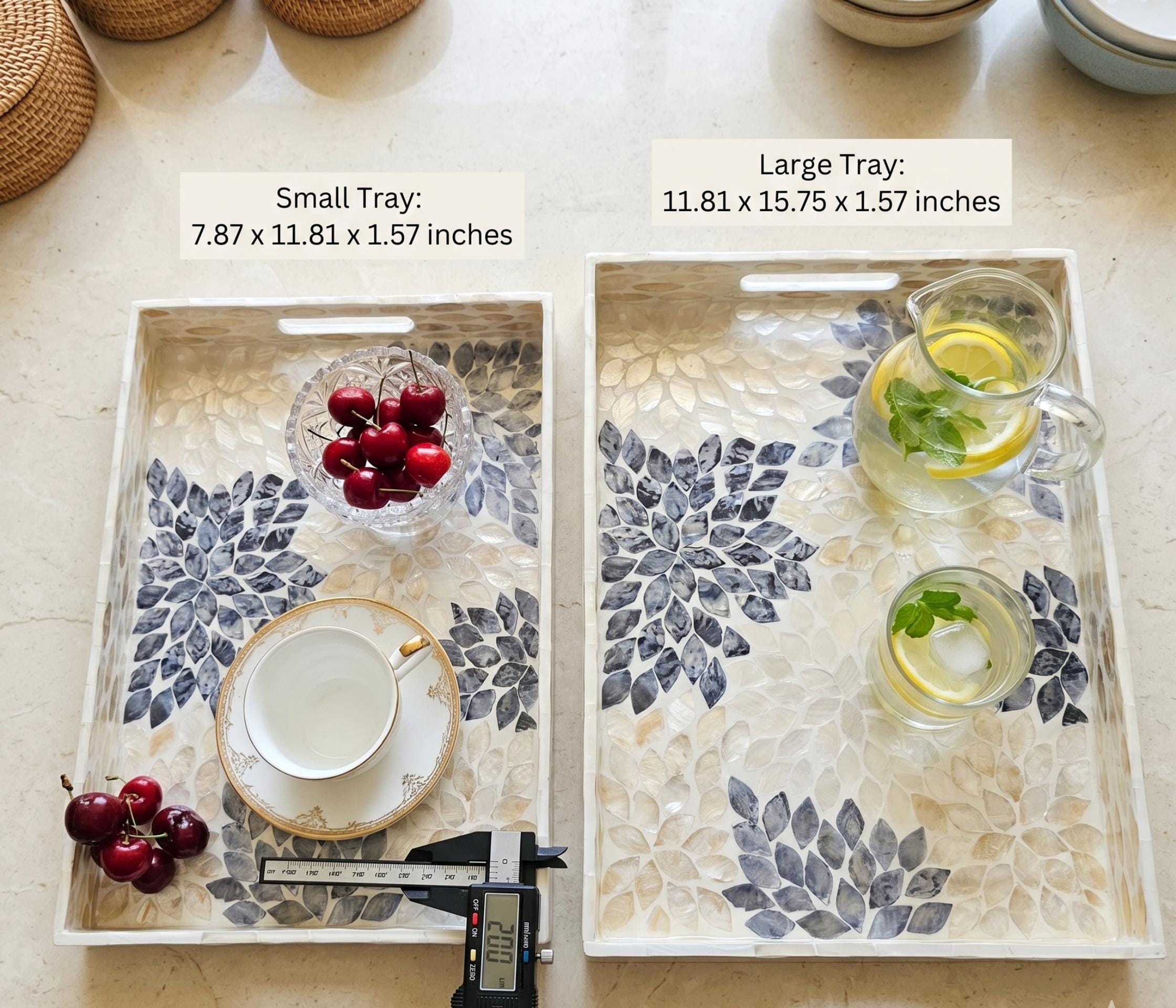 Handcrafted Mother of Pearl Rectangular Serving Tray – Iridescent Mosaic Coffee Table Decor