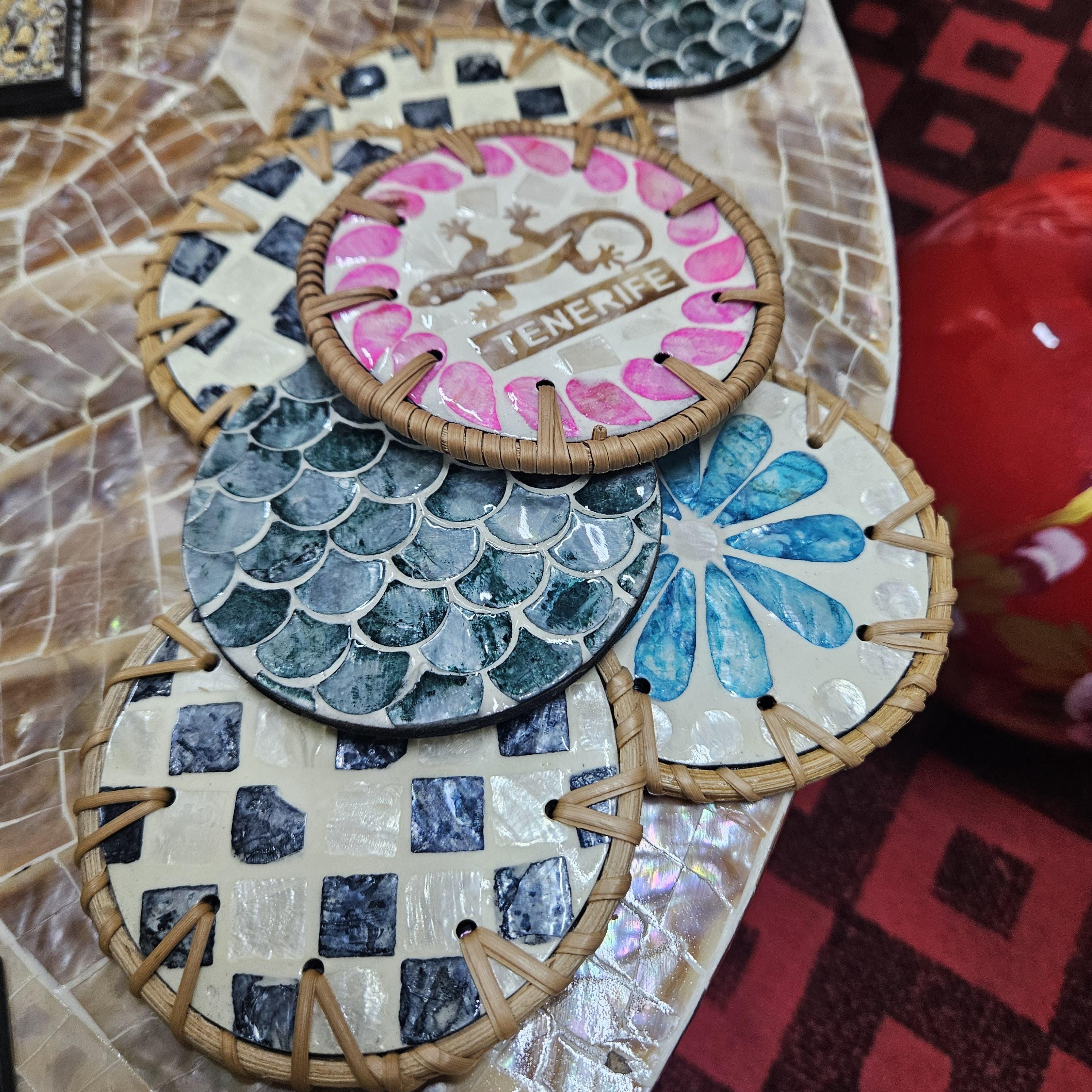 Rattan Drink Coasters Set – Mother of Pearl Inlay, Boho Home Decor