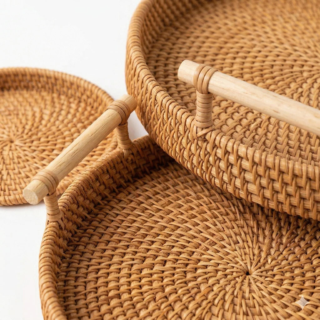 Round Rattan Tray with Wooden Handles, Handwoven Boho Serving Basket