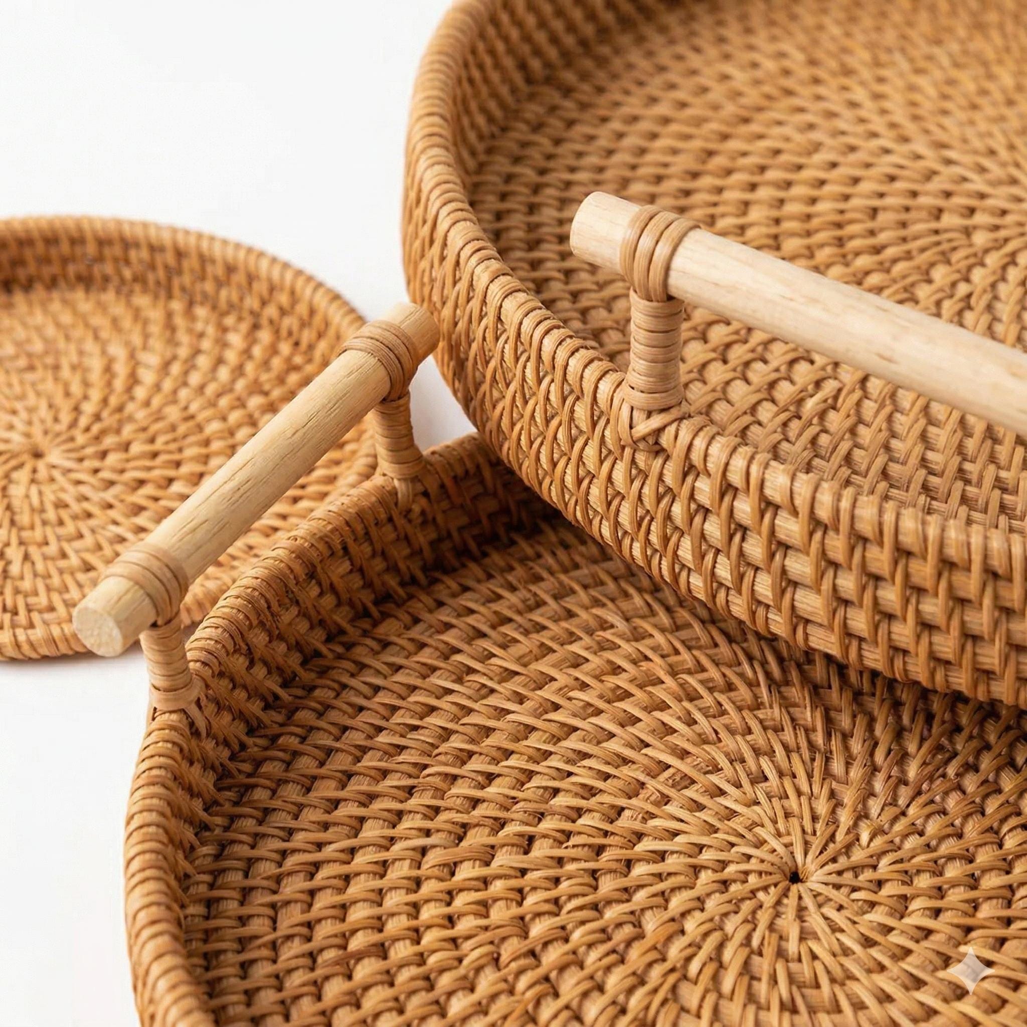 Round Rattan Tray with Wooden Handles, Handwoven Boho Serving Basket