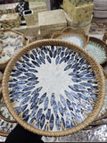 Handmade Rattan Serving Tray with Mother of Pearl Inlay – Round Decorative Tray in 30cm or 35cm | Boho Coastal Style Natural Home Decor
