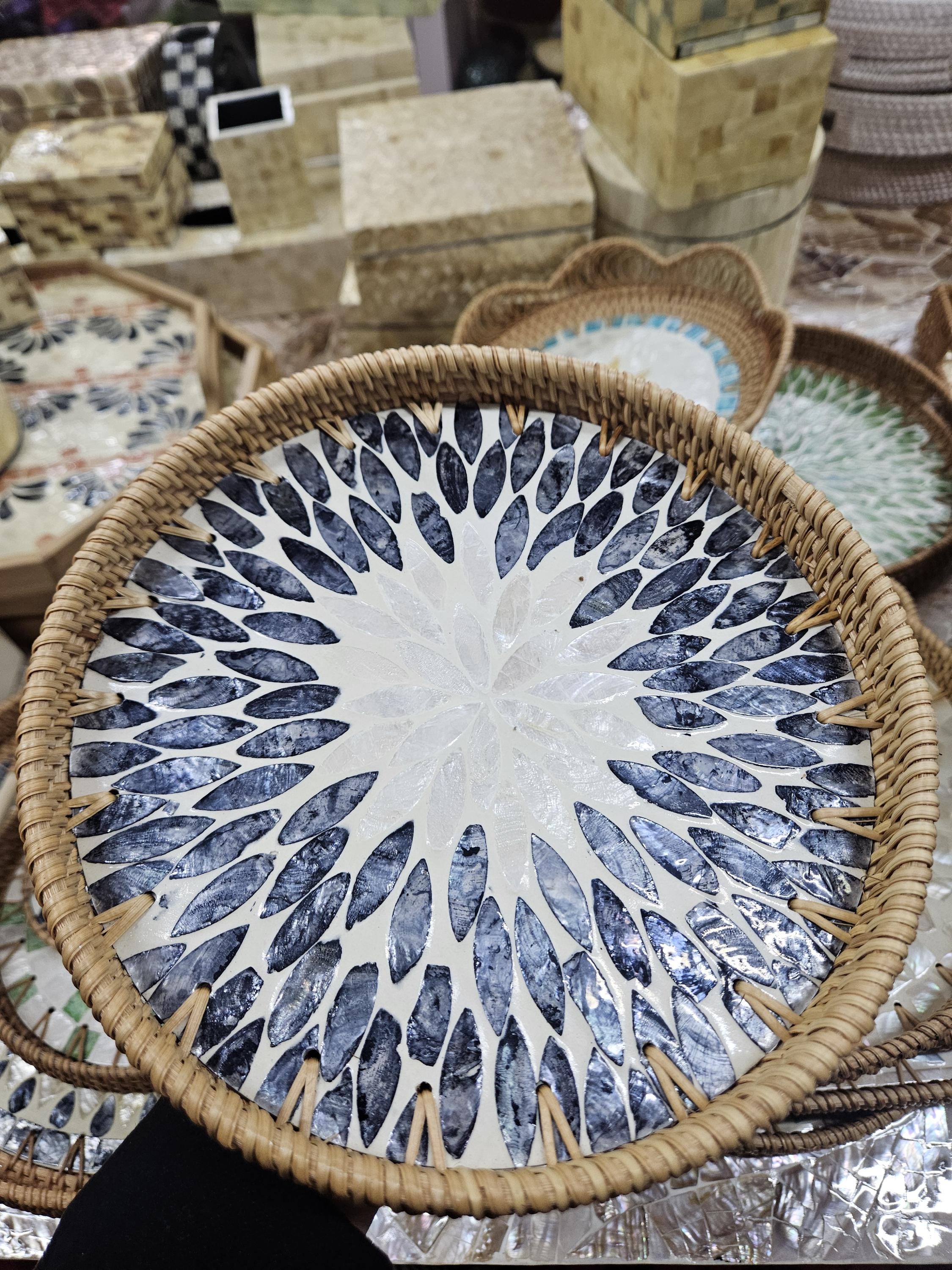 Handmade Rattan Serving Tray with Mother of Pearl Inlay – Round Decorative Tray in 30cm or 35cm | Boho Coastal Style Natural Home Decor