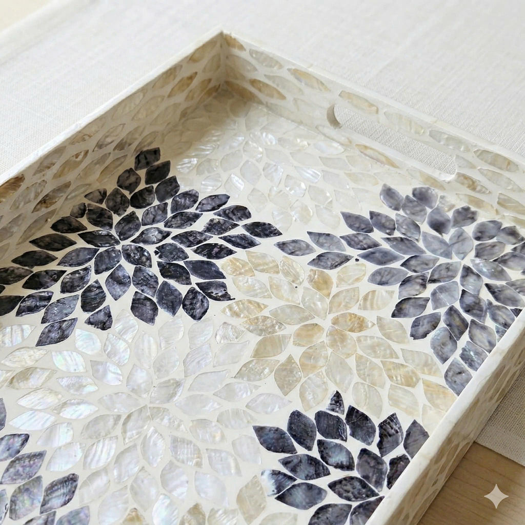 Handcrafted Mother of Pearl Rectangular Serving Tray – Iridescent Mosaic Coffee Table Decor
