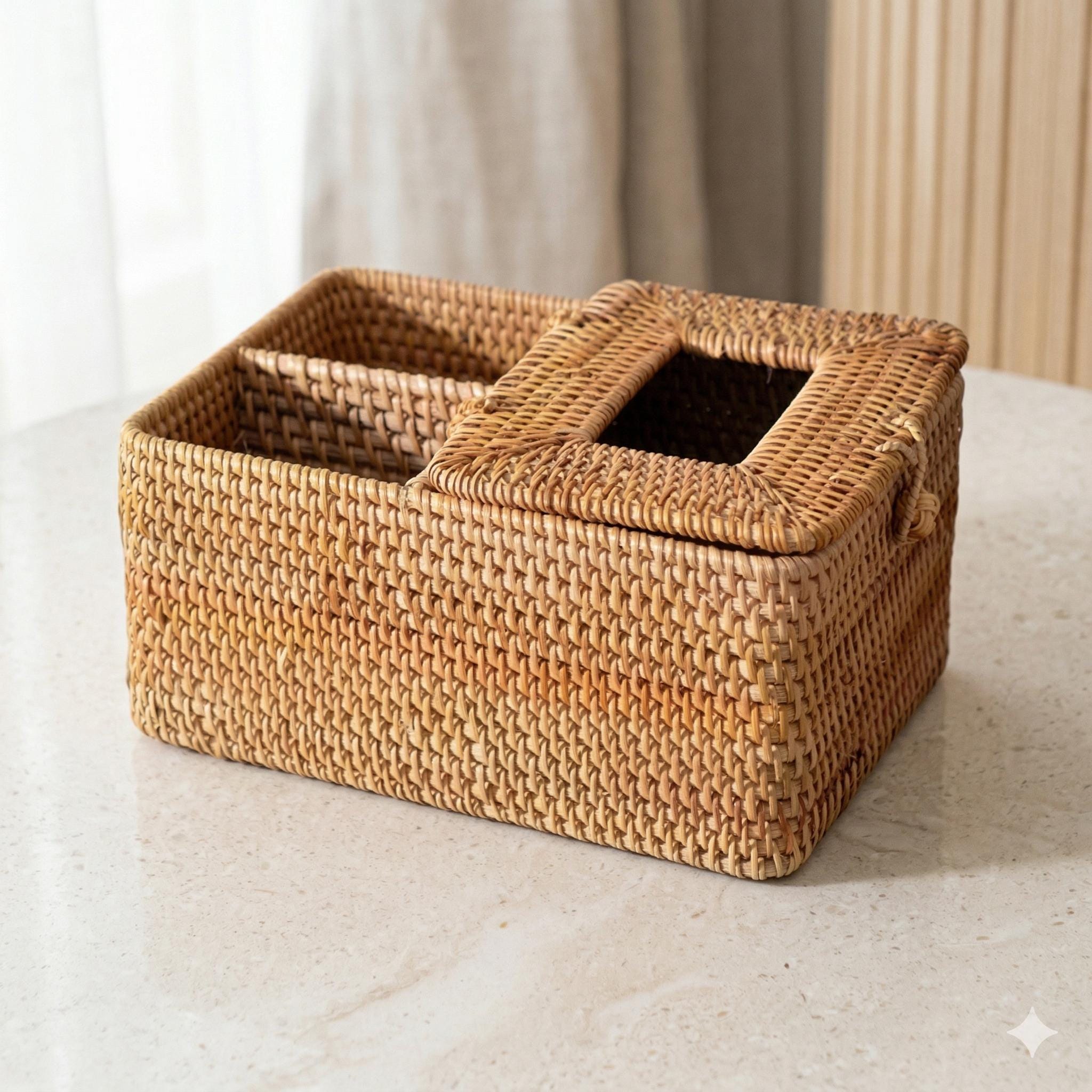Handwoven Rattan Tissue Box with Remote Storage, Rustic Wicker Organizer, Eco-friendly Home Decor