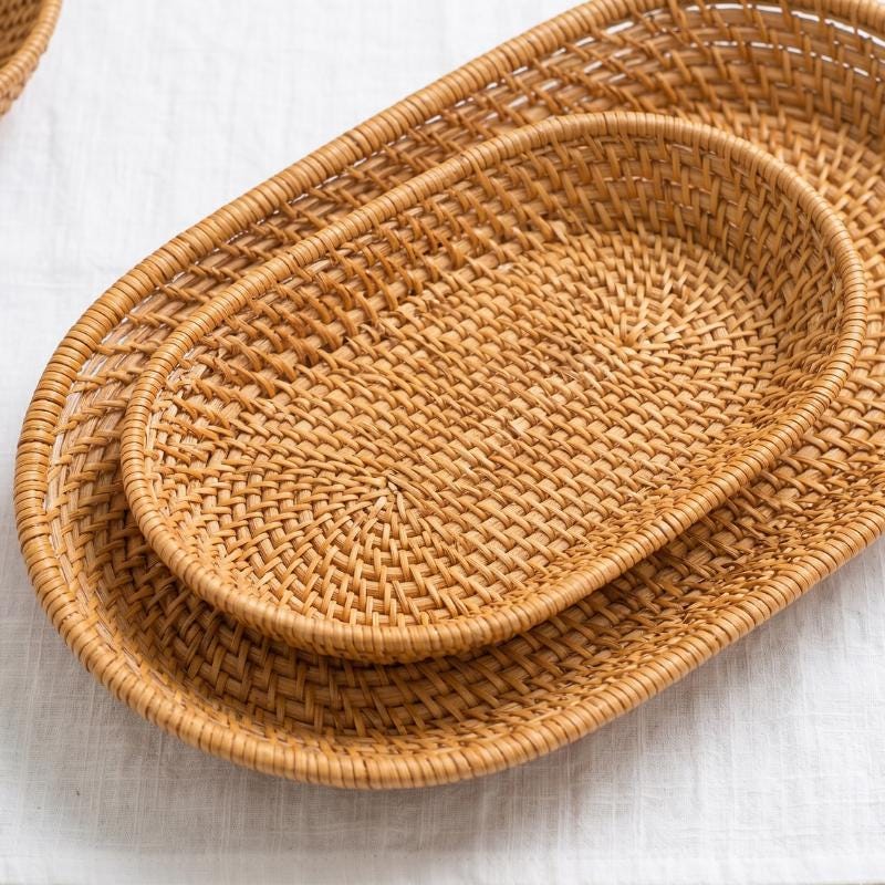 Oval Rattan Tray Set, Handwoven Lattice Bread Basket, Boho Cutlery Holder, Farmhouse Kitchen Organizer
