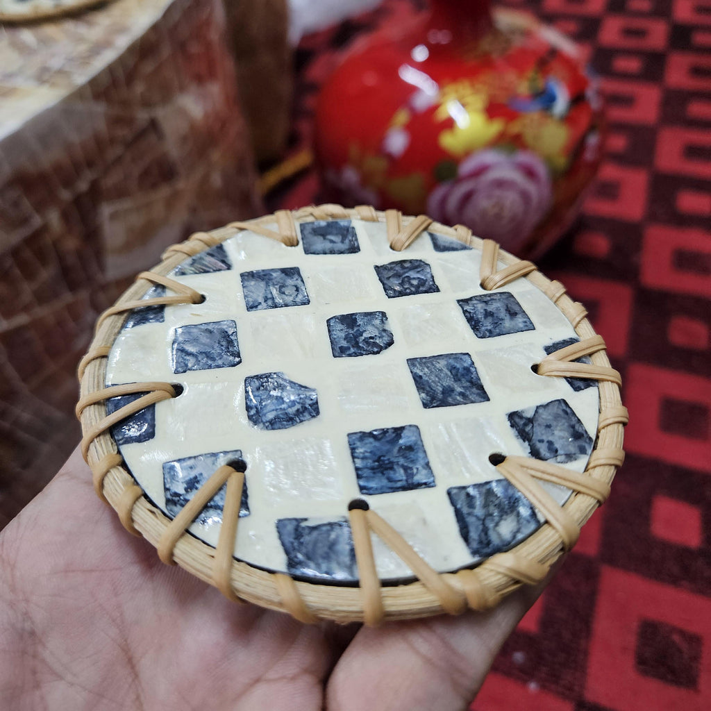 Rattan Drink Coasters Set – Mother of Pearl Inlay, Boho Home Decor