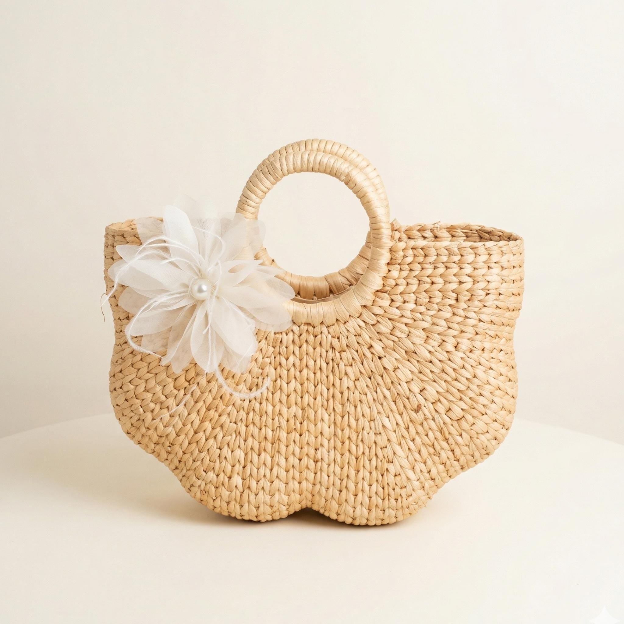 Handmade Water Hyacinth Tote Bag, Woven Summer Beach Purse, Floral Accent Bag