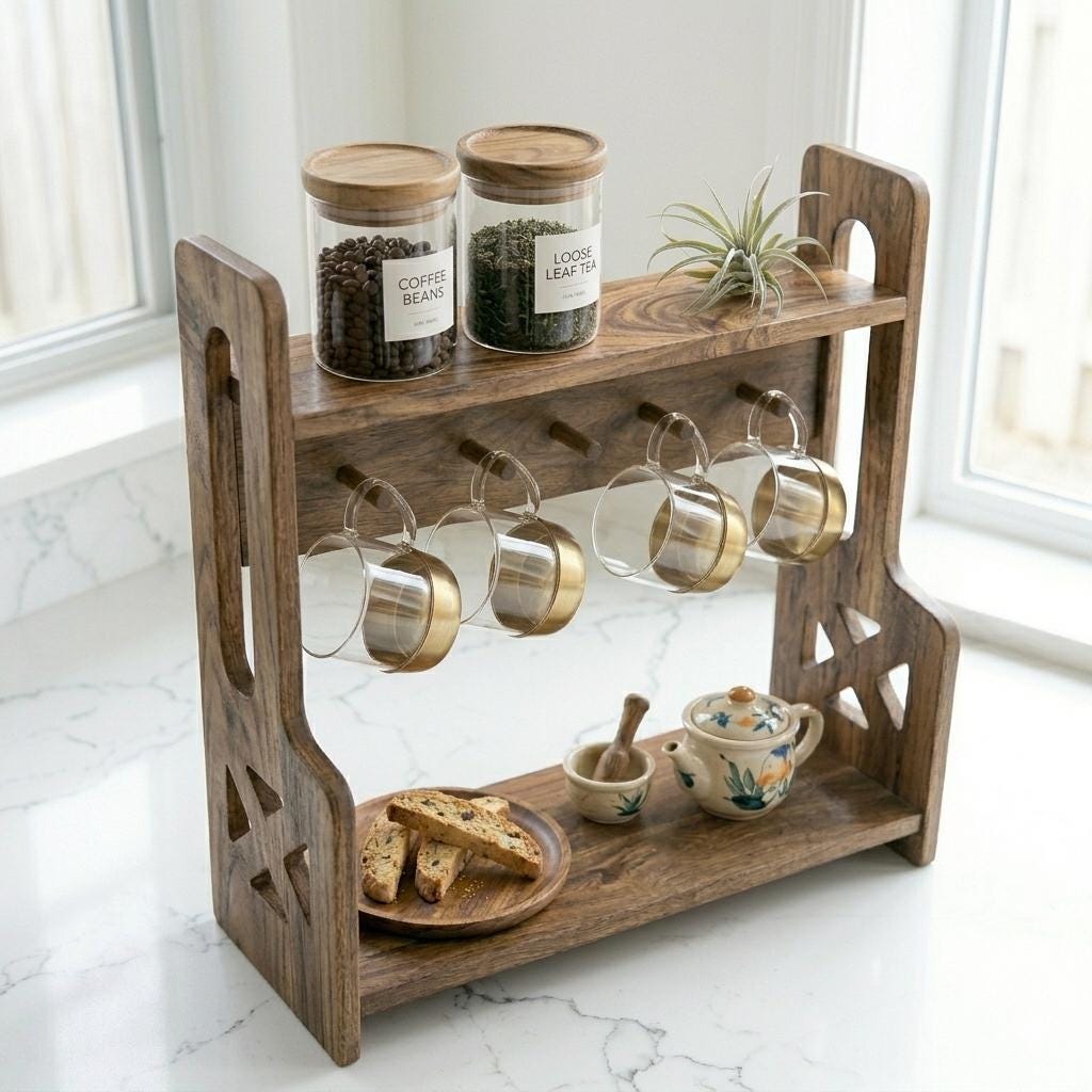 Personalized Acacia Wood Coffee Mug Rack | Custom Engraved Coffee Bar Organizer