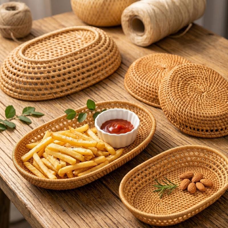 Oval Rattan Tray Set, Handwoven Lattice Bread Basket, Boho Cutlery Holder, Farmhouse Kitchen Organizer