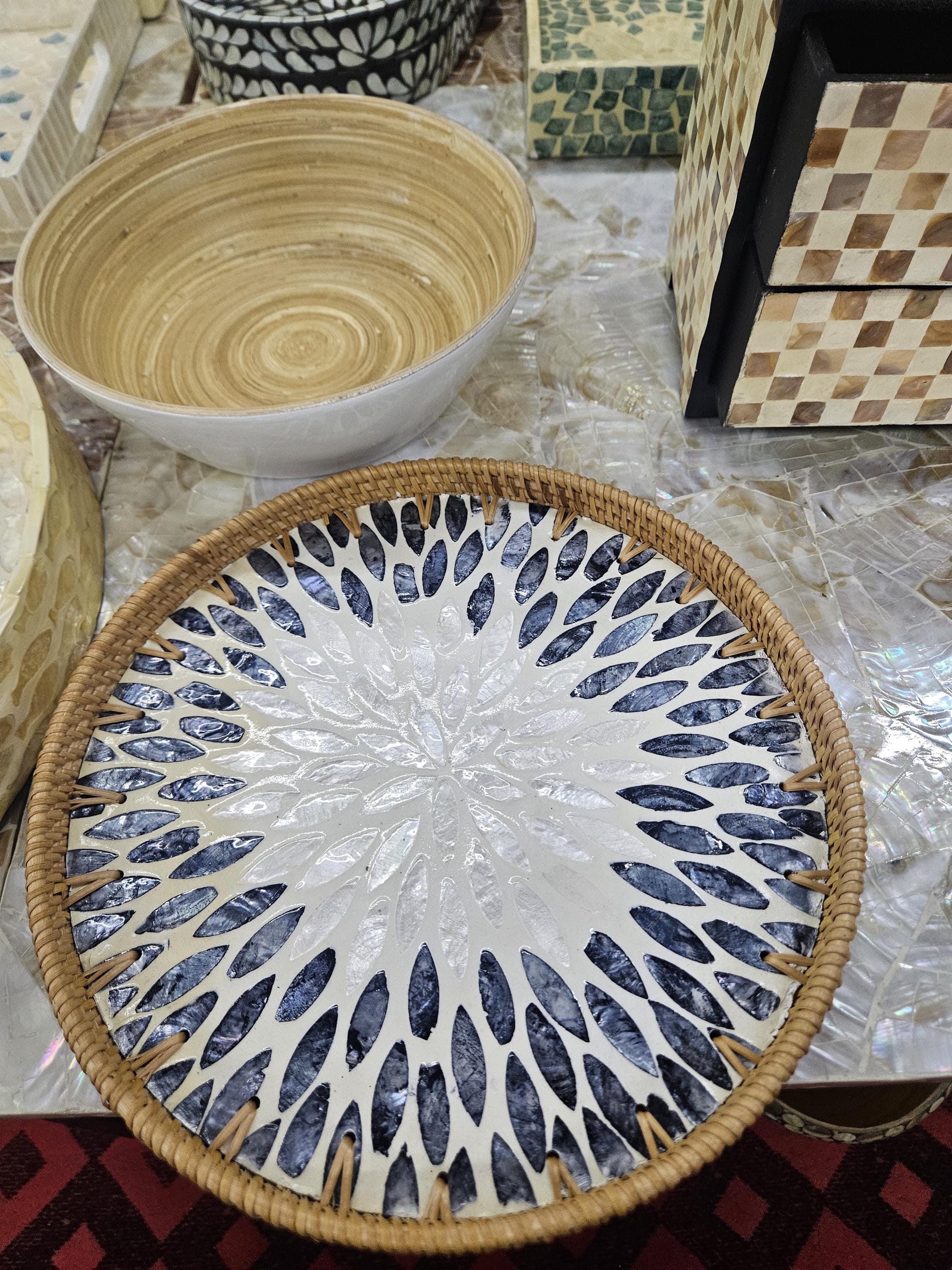 Handmade Rattan Serving Tray with Mother of Pearl Inlay – Round Decorative Tray in 30cm or 35cm | Boho Coastal Style Natural Home Decor