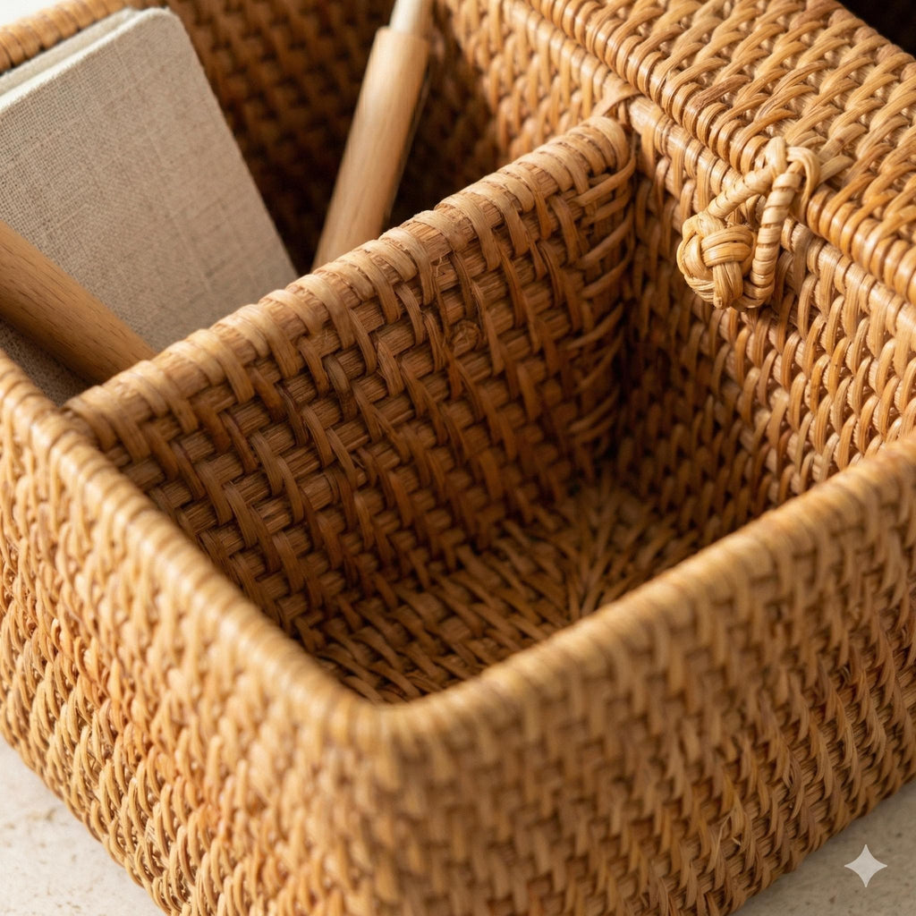 Handwoven Rattan Tissue Box with Remote Storage, Rustic Wicker Organizer, Eco-friendly Home Decor