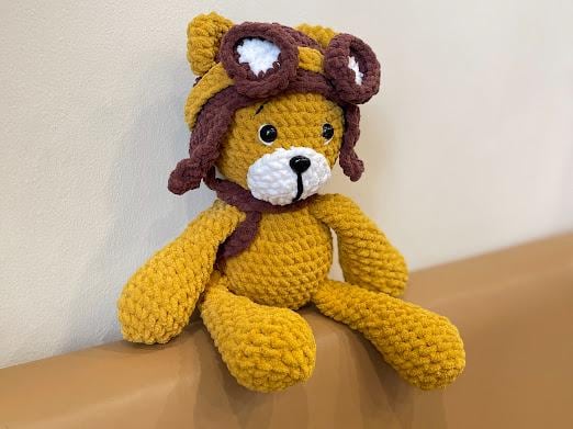 Organic Crochet Teddy Bear, Pilot Outfit, Baby's First Toy