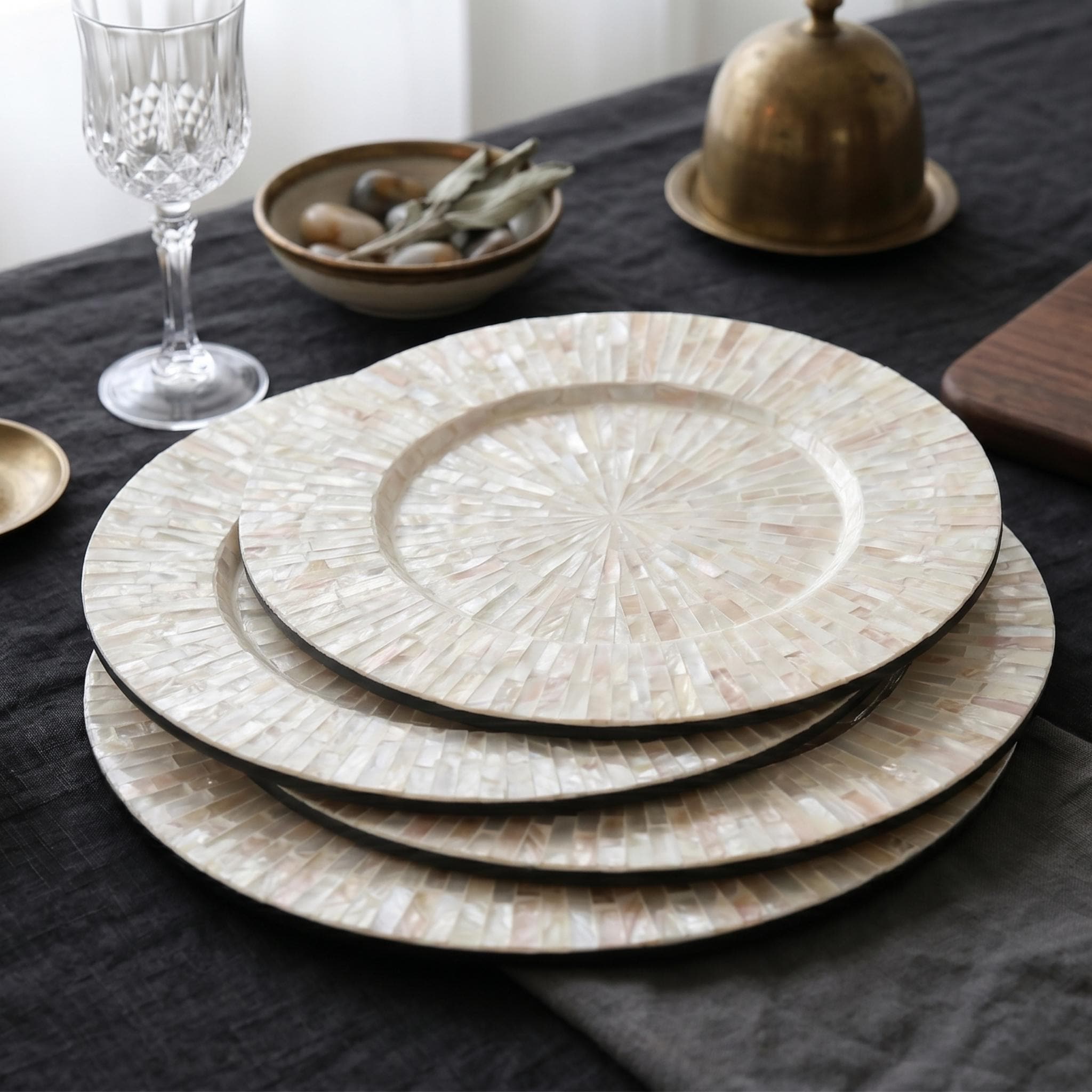 Handmade Mother of Pearl Charger Plate, 13-inch Round Inlay Placemat, Boho Table Decor